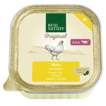 Real Nature Original Katzenfutterverpackung mit Huhn und Zucchini, mit der Aufschrift "Huhn mit Zucchini", geeignet für erwachsene Katzen.