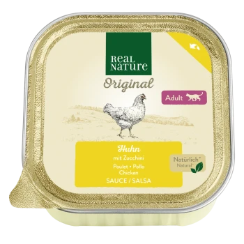 Real Nature Original Katzenfutterverpackung mit Huhn und Zucchini, mit der Aufschrift "Huhn mit Zucchini", geeignet für erwachsene Katzen.