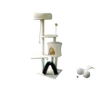 Katzenbaum mit mehreren Ebenen, einem gemütlichen Versteck, Kratzsäulen und zwei enthaltenen Spielbällen.