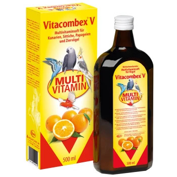 Multivitaminflüssigkeit für Vögel, mit einer Flasche und einer Box mit Bildern verschiedener Vögel und Orangen, beschriftet 'Vitacombex V MULTI VITAMIN.'
