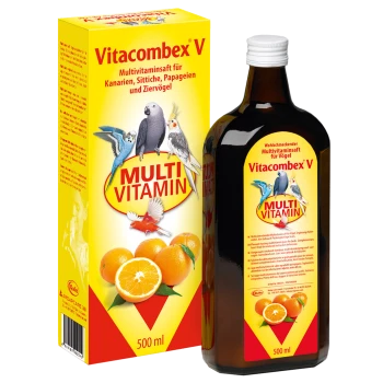 Multivitaminflüssigkeit für Vögel, mit einer Flasche und einer Box mit Bildern verschiedener Vögel und Orangen, beschriftet 'Vitacombex V MULTI VITAMIN.'