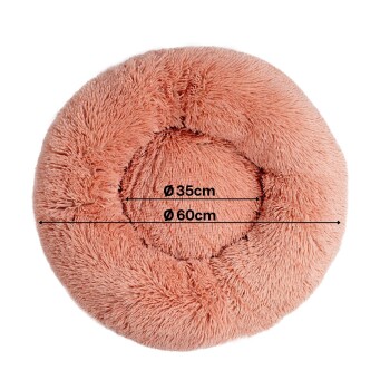 Runder, flauschiger Haustierbett in sanftem Pfirsichfarbton, mit einem Durchmesser von 60 cm und einem inneren Kreis von 35 cm.