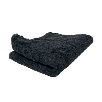 Ein gefaltetes schwarzes Haustierdecke aus weichem, flauschigem Material, ideal, um Haustiere warm und bequem zu halten.