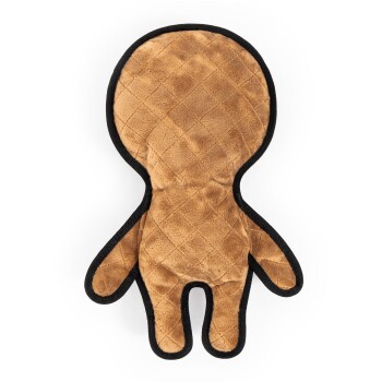 Ein plüschiges, gestepptes Hundespielzeug in Form einer humanoiden Figur, mit einer weichen braunen Textur und schwarzem Rand um die Kanten.