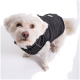 Ein flauschiger weißer Hund trägt eine stilvolle schwarze Haustierjacke mit Reißverschlüssen und reflektierenden Details, stehend vor einem weißen Hintergrund.