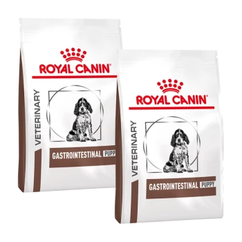 Deux sacs de nourriture pour chiots Royal Canin Veterinary Gastrointestinal, avec une image en noir et blanc d'un chiot sur chaque sac.