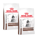 Zwei Säcke Royal Canin Veterinary Gastrointestinal Puppy Hundefutter, mit einem schwarz-weißen Bild eines Welpen auf jedem Sack.