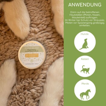 Runde Dose 'Pfoten Balsam' Haustierbalsam für Hunde, Katzen und Pferde, umgeben von Tierpfoten, mit Anweisungen an der Seite.
