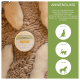 Runde Dose 'Pfoten Balsam' Haustierbalsam für Hunde, Katzen und Pferde, umgeben von Tierpfoten, mit Anweisungen an der Seite.