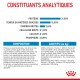 Tableau d'informations nutritionnelles pour la nourriture pour animaux, présentant des protéines (31 %), des graisses (16 %) et d'autres constituants, avec une liste d'ingrédients détaillée et des additifs.
