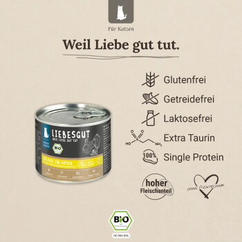 LIEBESGUT Katzenfutterdose, Text 'Weil Liebe gut tut.', BIO-Siegel, Symbole: Glutenfrei/Getreidefrei/Laktosefrei/Extra Taurin