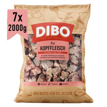 DIBO Kopffleisch-Hundefutterpaket, das gemischtes Kopf-Fleisch enthält. Der Text hebt "7x 2000 g" und "Vitalnahrung für gesunden Knochenbau" hervor.
