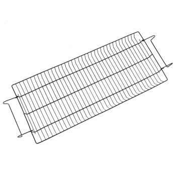 Ein schwarzes Metallgitter für das Trocknen von Haustierfutter, rechteckig mit gebogenen Enden für Stabilität, entworfen zum Trocknen von Haustierfutter oder Leckereien.