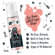 Flasche von Bugalugs No Rinse Papaya & Coconut Shampoo + Conditioner mit einem Cartoon-Hund, mit Text über seine Vorteile und vegane Formel.
