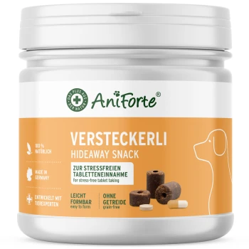 Versteckerli 40 Stück Behälter mit AniForte Hideaway Snack für Hunde, beschriftet mit 'Versteckerli', mit einer getreidefreien Formel für stressfreies Tabletteneinnehmen.