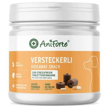 Behälter mit AniForte Hideaway Snack für Hunde, beschriftet mit 'Versteckerli', mit einer getreidefreien Formel für stressfreies Tabletteneinnehmen.
