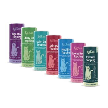Bunte Reihe von KatKare 'Topping'-Dosen für Katzen: Digestive, Shiny Coat, Calm Cat, Urinary, Mobility, Strong Heart, Immuno.