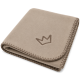 Gefaltete beige, wildlederähnliche Hundedecke mit aufgesticktem Kronenlogo und Zickzack‑Whipstich‑Kante.