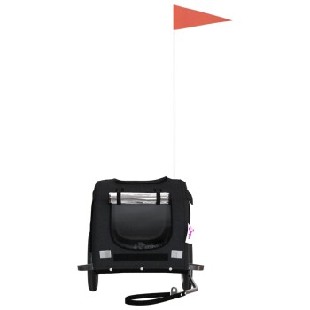 Schwarze Haustiertrage mit Rädern, einer Fronttasche und einer Sicherheitsflagge, entworfen für den Transport kleiner Haustiere.