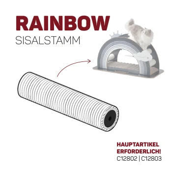 Bild eines "RAINBOW SISALSTAMM" Kratzbaumrollens mit einem Regenbogen-Kratzbaum und dem Text "HAUPTARTIKEL ERFORDERLICH!" C12802 | C12803.