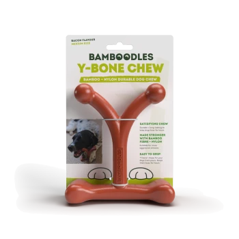 Bamboodles Y-Bone Chew for dogs, medium size, bacon flavor; durable bamboo and nylon chew toy, easy to grip, satisfying chew.