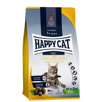 Happy Cat Adult Farm Poultry Katzenfutterbeutel mit einer getigerten Katze auf der Vorderseite, mit Text, der die XXL-Kibbelgröße und das glutenfreie Rezept hervorhebt.