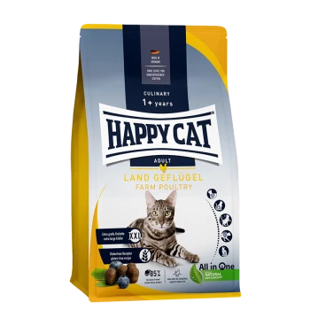 Happy Cat Adult Farm Poultry Katzenfutterbeutel mit einer getigerten Katze auf der Vorderseite, mit Text, der die XXL-Kibbelgröße und das glutenfreie Rezept hervorhebt.