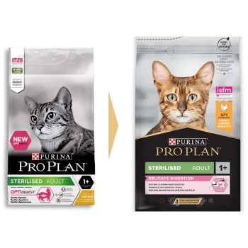 Deux paquets de nourriture pour chats Purina Pro Plan : à gauche avec un tabby étiqueté "NOUVEAU OPTIDIGEST" et à droite avec un Bengal étiqueté "DIGESTION DÉLICATE."