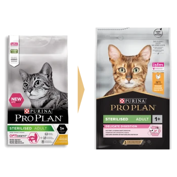 Twee Purina Pro Plan kattenvoer verpakkingen: links met tabby gelabeld "NEW OPTIDIGEST" en rechts met Bengal gelabeld "DELICATE DIGESTION."