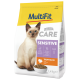 A bag of MultiFit cat food labeled "CARE SENSITIVE" with a Siamese cat on the front, featuring nutritional claims and "TRUTHAN" (Turkey) in orange.