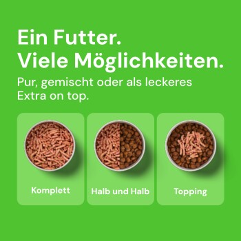 Haustierfutteroptionen auf grünem Hintergrund: drei Schalen beschriftet mit "Komplett," "Halb und Halb," und "Topping" mit Servierstilbeschreibungen.