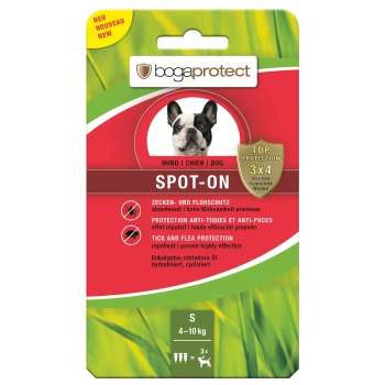 Verpackung für bogaprotect Spot-On für kleine Hunde, mit einem Französischen Bulldoggen und dem Hinweis auf Zecken-/Flohschutz mit Eukalyptusöl.