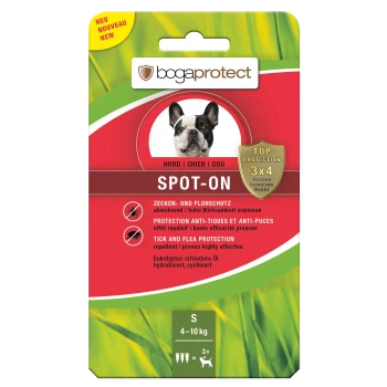 Verpackung für bogaprotect Spot-On für kleine Hunde, mit einem Französischen Bulldoggen und dem Hinweis auf Zecken-/Flohschutz mit Eukalyptusöl.