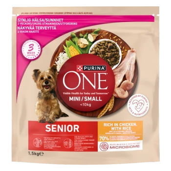 Purina ONE Mini/Small Senior dog food bag (<10kg) shows kibble and chicken; text "SENIOR" and "Rich in chicken with rice"