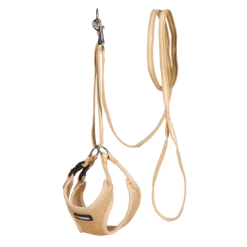 Ensemble harnais et laisse pour animaux de compagnie beige, avec un design en maille respirante et des sangles ajustables, avec une étiquette logo noire.