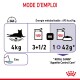 Instructions pour nourrir un chat de 4 kg : 3,5 boîtes ou 1 boîte plus 42 g de nourriture sèche. Comprend une icône d'eau. Logo Royal Canin.