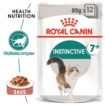 Royal Canin kattenvoer zakje gelabeld 'Instinctive 7+' met een afbeelding van een wandelende kat, met de teksten 'Health Nutrition' en 'Vitaliteitscomplex.'