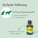 Flasche mit Haustierergänzungsmittel, beschriftet mit "DarmAktiv GutActive" mit Fütterungshinweisen für Hunde und Katzen, die 1,5-2 ml pro 5 kg Körpergewicht täglich vorschlagen.
