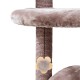 Ein plüschiger Katzenbaum mit einer weichen, runden Plattform und einem strukturierten Kratzbaum, an dem ein hängendes Blumentoy befestigt ist.