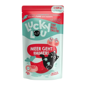 Bunte "Lucky Lou" Tierfutterpackung mit einer Cartoon-Schwarzen Katze, beschriftet mit "Geflügel & Thunfisch mit Pastinaken," getreidefrei, 96% Fleisch, hergestellt in Deutschland.