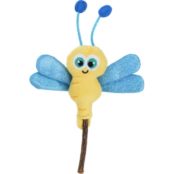 Spielzeug Libelle mit Matatabi-Stab Ein Plüschspielzeug, das einem fröhlichen gelben Schmetterling mit blauen Flügeln und Antennen ähnelt, der an einem Stock befestigt ist.