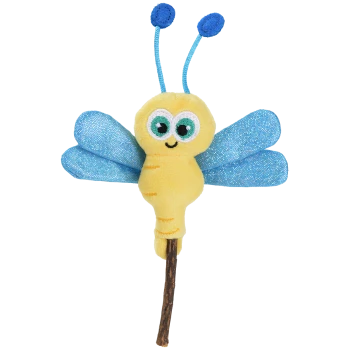 Ein Plüschspielzeug, das einem fröhlichen gelben Schmetterling mit blauen Flügeln und Antennen ähnelt, der an einem Stock befestigt ist.