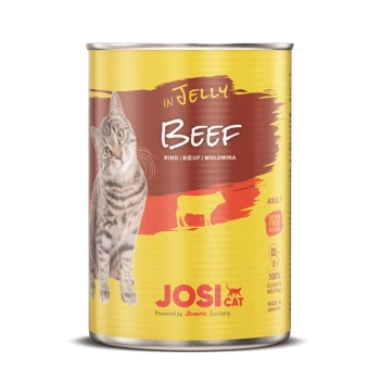 Eine Dose Josi Cat Rindfleisch Katzenfutter in Gelee, mit einer grauen getigerten Katze auf dem Etikett, mit dem Hinweis "Getreidefreies Rezept" und "Erwachsene".