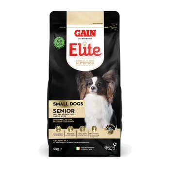 Gain Elite Complete Dog Nutrition bag featuring a small dog on the front, labeled "Small Dogs Senior," 2kg, with chicken & rice ingredients.