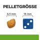PELLETGRÖSSE: Krokette links mit Beschriftung „8,5 mm“ und blauer Würfel rechts mit Beschriftung „16 mm“