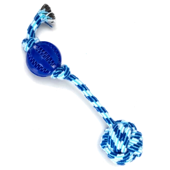 Blau-weißes Seilspielzeug für Haustiere mit einem runden blauen Ball mit strukturierter Oberfläche und einem geknoteten Ende.