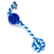 Blau-weißes Seilspielzeug für Haustiere mit einem runden blauen Ball mit strukturierter Oberfläche und einem geknoteten Ende.