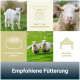 Fotos von Schafen und Ziegen mit Fütterungssymbolen und dem deutschen Text 'Max. 1% der Futtertrockenmasse' sowie der Überschrift 'Empfohlene Fütterung'.