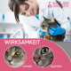 Tierarzt in weißem Kittel und blauen Handschuhen untersucht eine getigerte Katze; pinker Banner zeigt 'WIRKSAMKEIT', 'VORHER', 'NACHHER' und 'WAHL DER TIERÄRZTE'