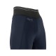 Nahaufnahme von marineblauen Reitleggings mit einem schwarzen Bund, mit dem Logo "EQUIVA" auf der Vorderseite.